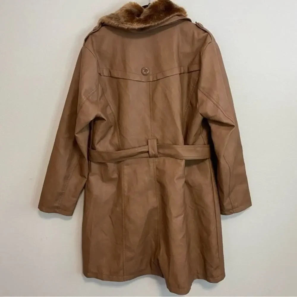 Cavalini Tan Leather Trench Coat with Faux Fur Collar - Picture 4 of 6